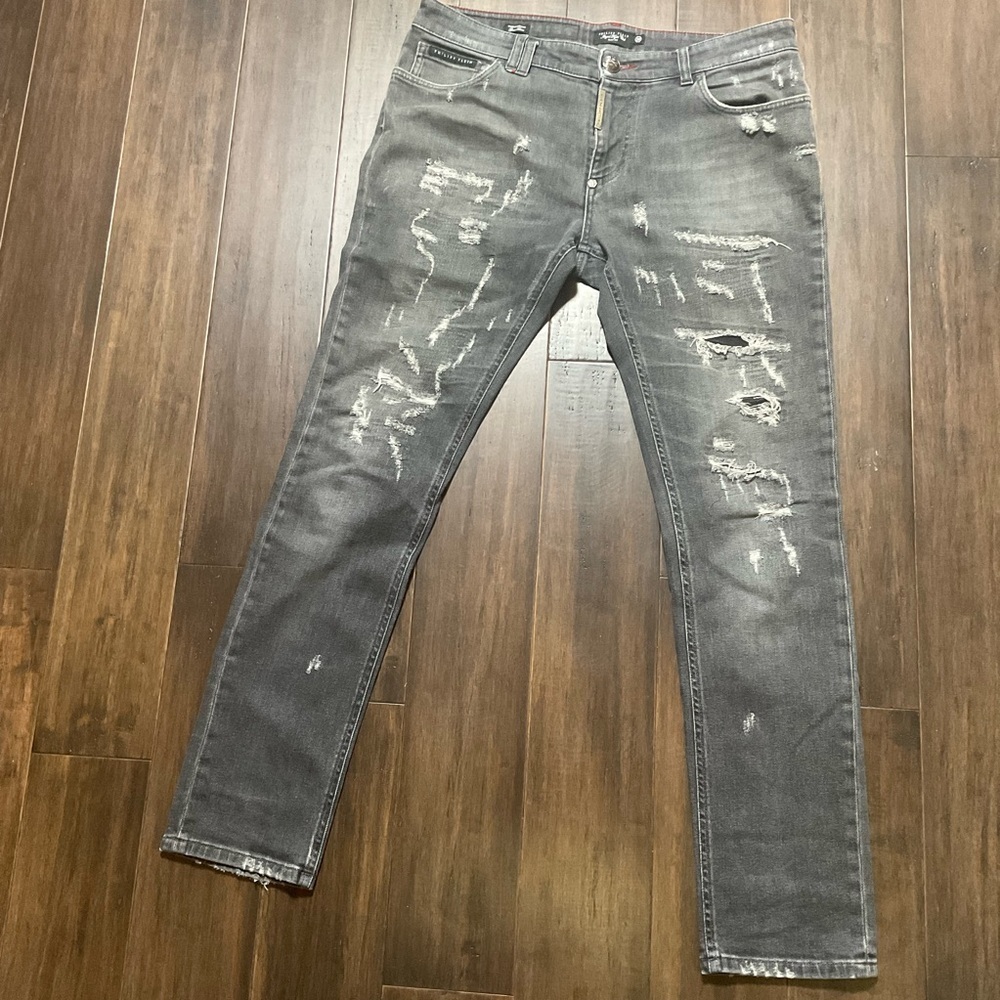 Philipp Plein Men's Gray Distressed Slim Jeans